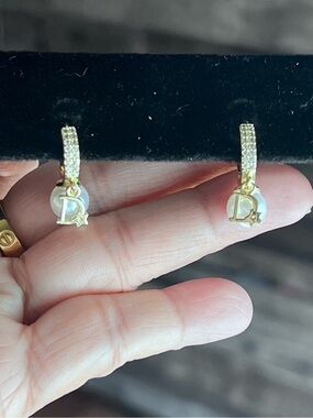 inspired Gold Pearl Huggie Earrings with D Letter Charm